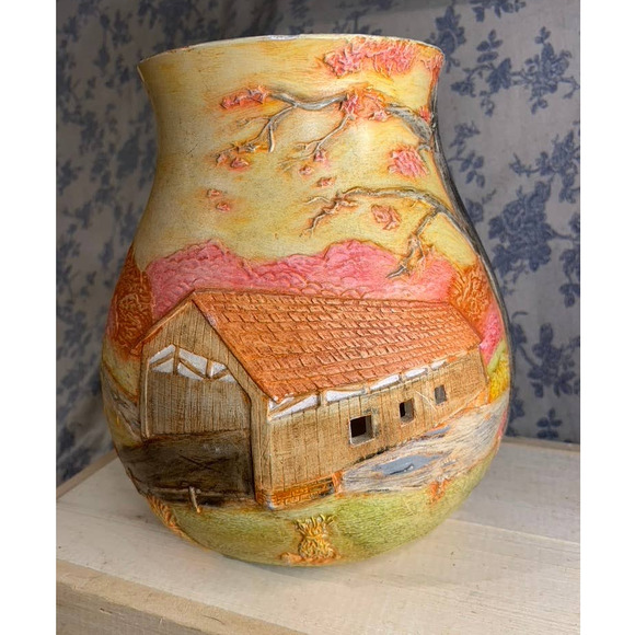 unknown Other - Beautifully Painted Orange Yellow Pink Vase with Cutouts